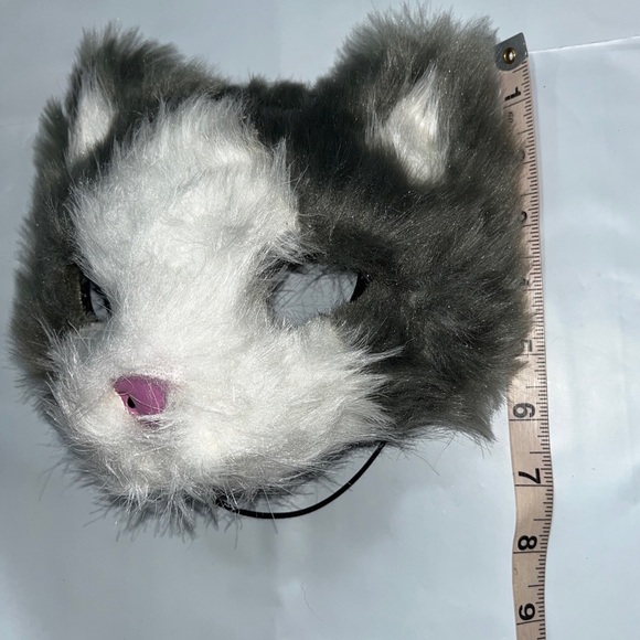 CAT FACE MASK GRAY WHITE FUR Adult or KID Halloween PINK nose open eyes costume - Picture 6 of 11
